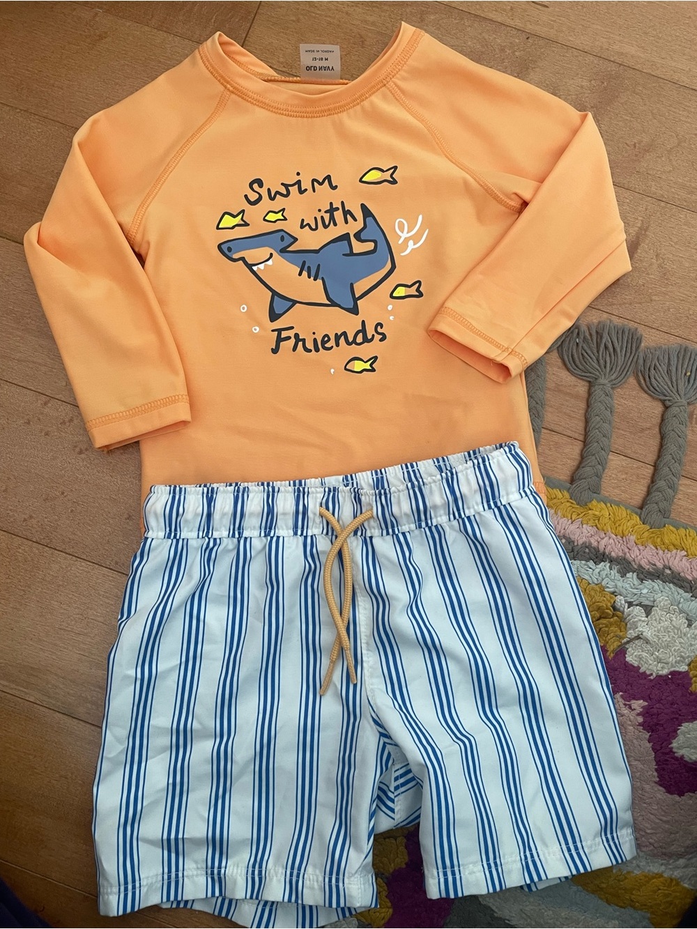 Kids Orange Shark Rashguard Set with Blue Stripe Shorts